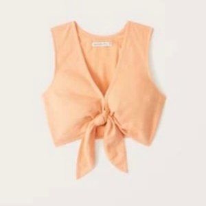 Abercrombie & Fitch Cropped Tie-Front Linen Blend Top in Bright Orange Size S
